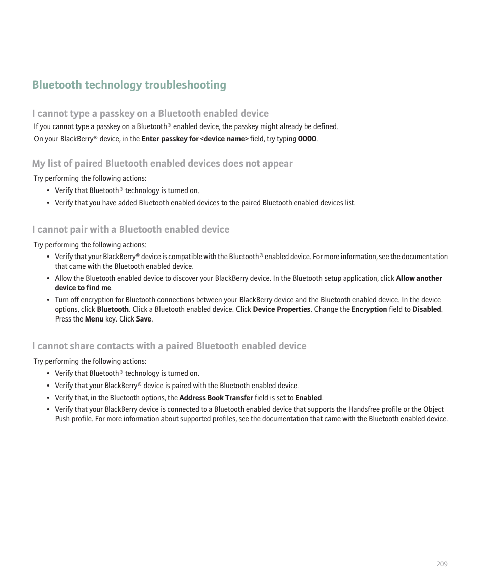 Bluetooth technology troubleshooting, I cannot pair with a bluetooth enabled device | Blackberry 8120 User Manual | Page 211 / 302
