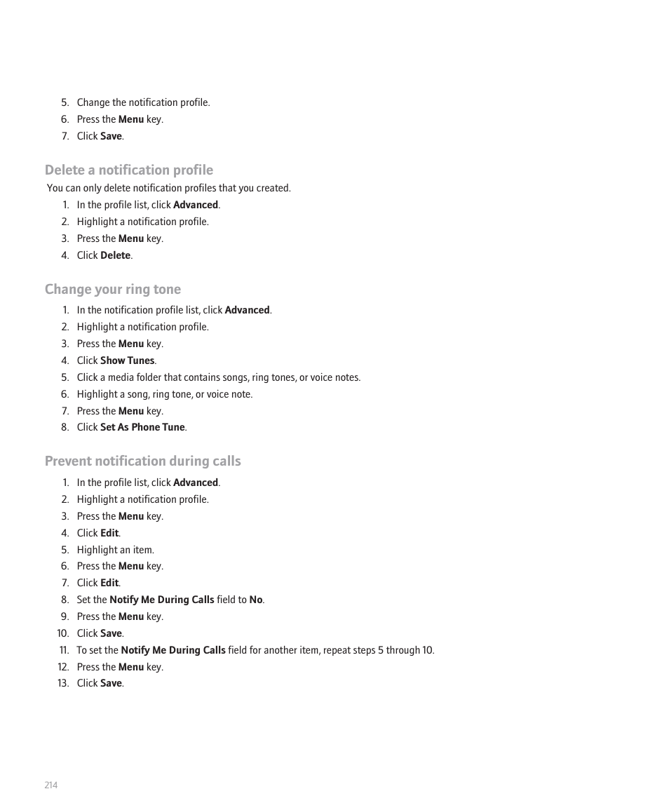 Delete a notification profile, Change your ring tone, Prevent notification during calls | Blackberry 8120 User Manual | Page 216 / 302