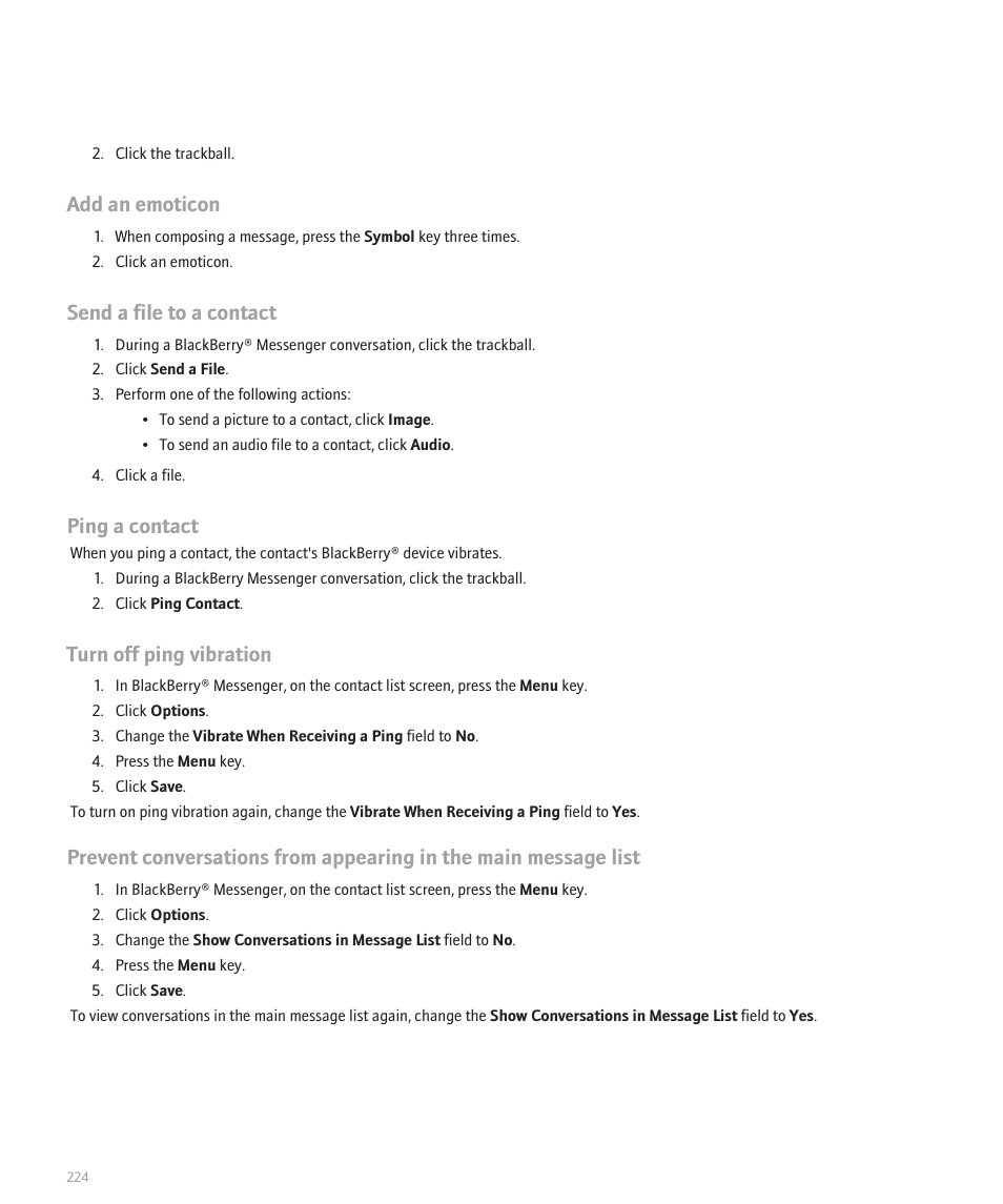 Add an emoticon, Send a file to a contact, Ping a contact | Turn off ping vibration | Blackberry 8120 User Manual | Page 226 / 302