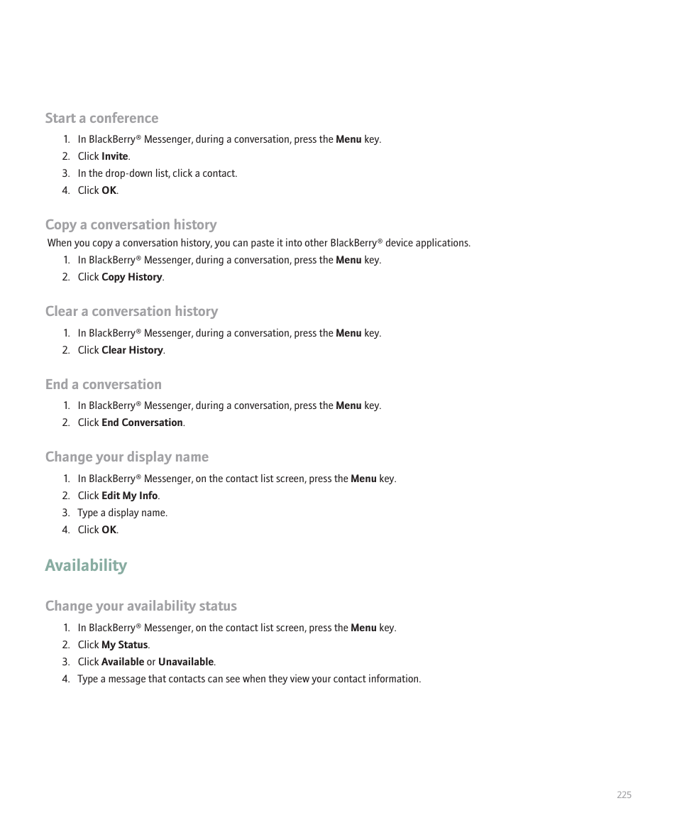 Availability, Start a conference, Copy a conversation history | Clear a conversation history, End a conversation, Change your display name, Change your availability status | Blackberry 8120 User Manual | Page 227 / 302
