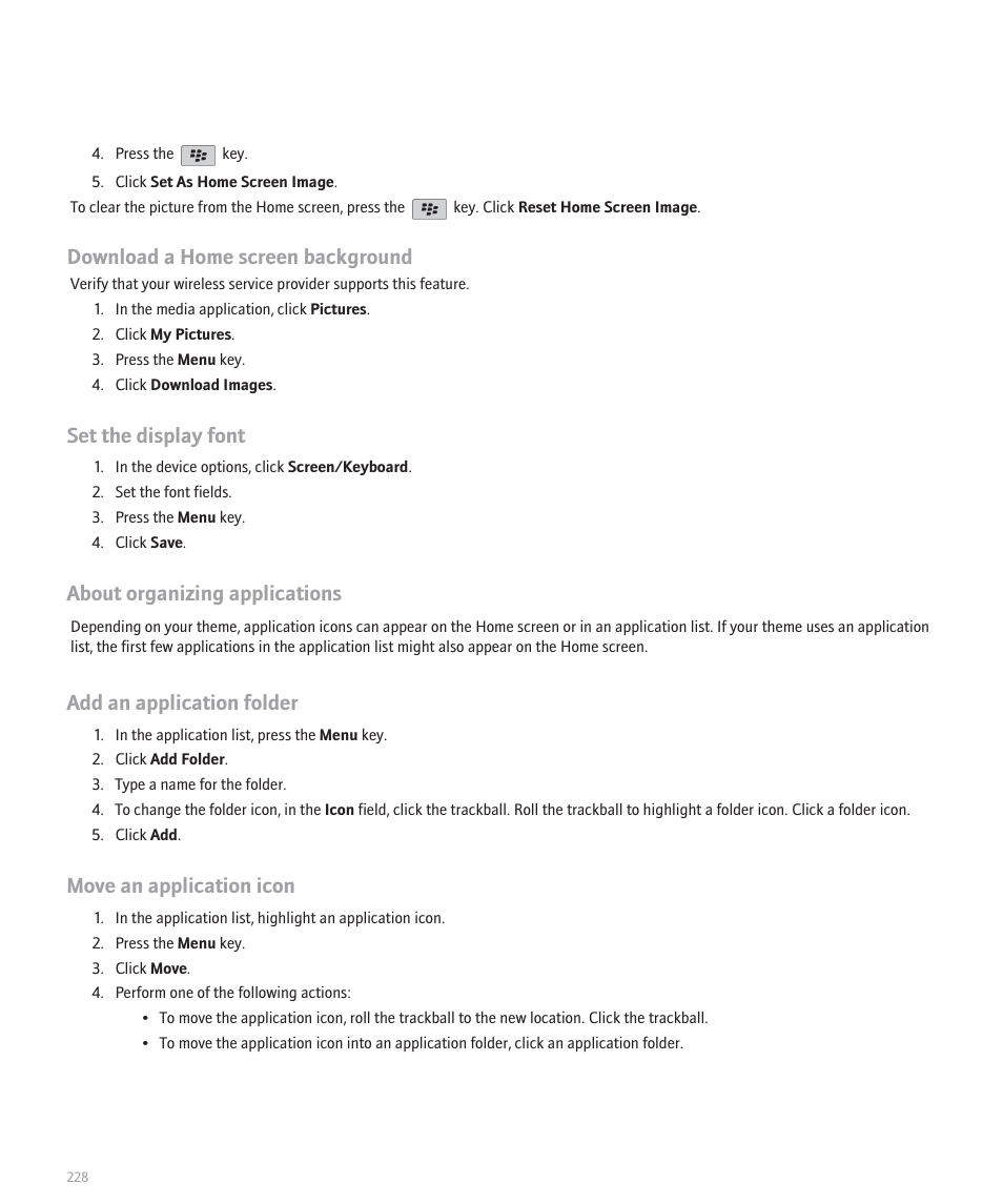Download a home screen background, Set the display font, About organizing applications | Add an application folder, Move an application icon | Blackberry 8120 User Manual | Page 230 / 302