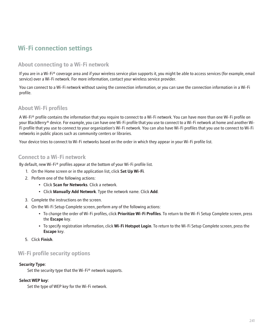 Wi-fi connection settings, About connecting to a wi-fi network, About wi-fi profiles | Connect to a wi-fi network, Wi-fi profile security options | Blackberry 8120 User Manual | Page 243 / 302
