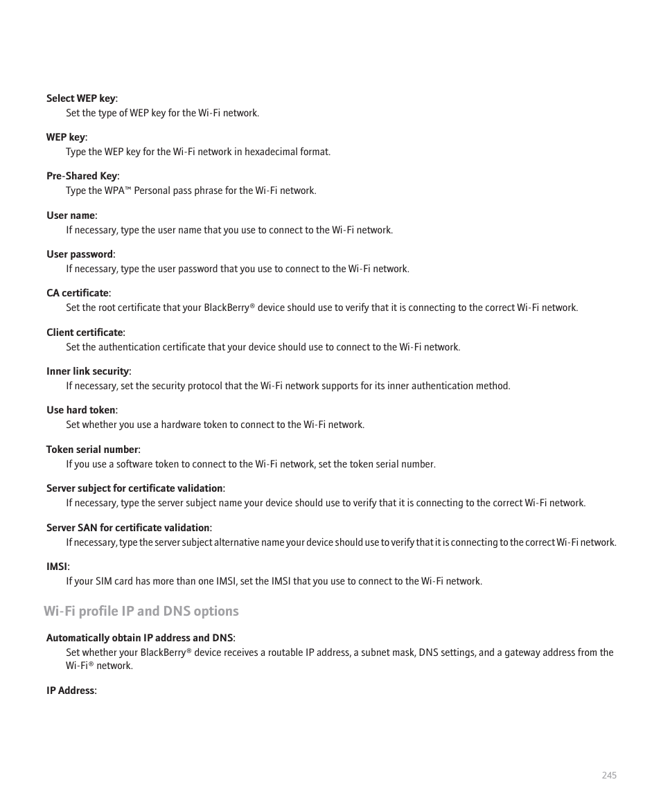 Wi-fi profile ip and dns options | Blackberry 8120 User Manual | Page 247 / 302