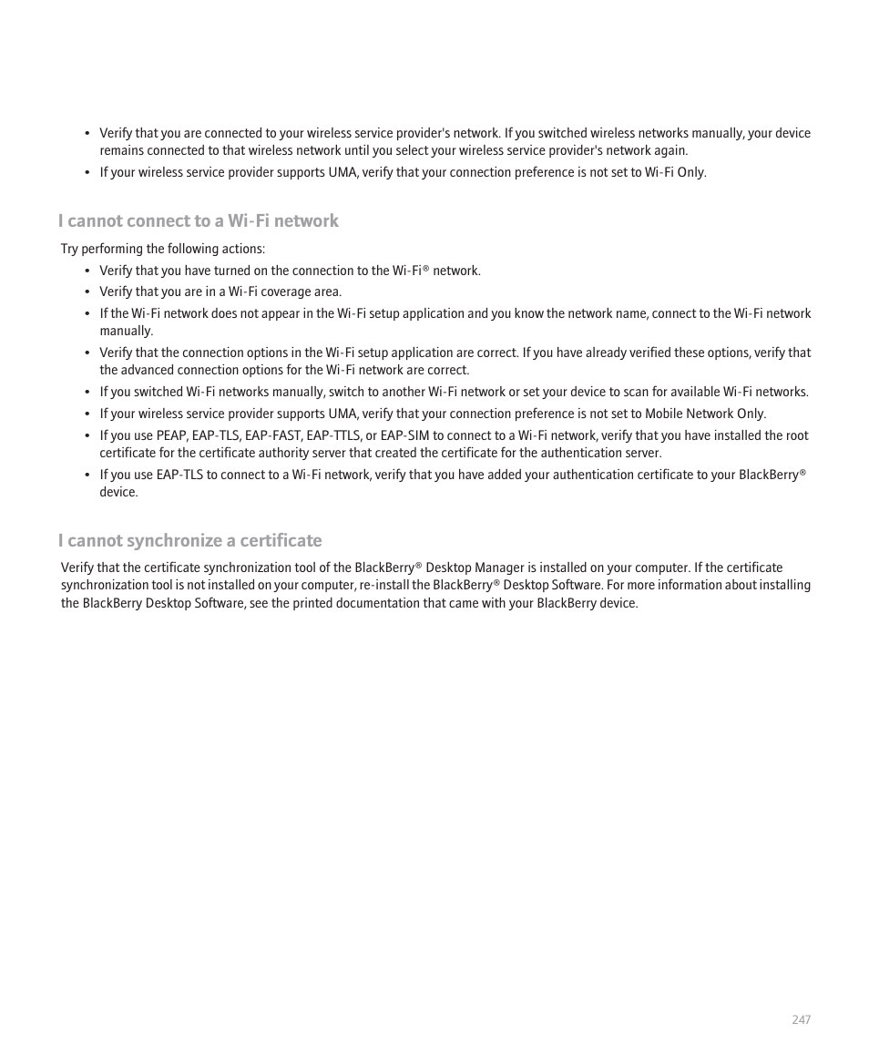I cannot connect to a wi-fi network, I cannot synchronize a certificate | Blackberry 8120 User Manual | Page 249 / 302