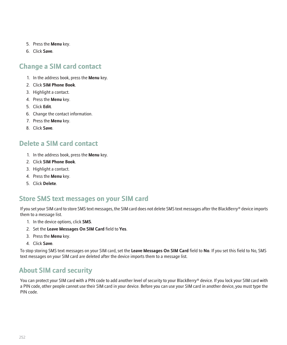 Change a sim card contact, Delete a sim card contact, Store sms text messages on your sim card | About sim card security | Blackberry 8120 User Manual | Page 254 / 302