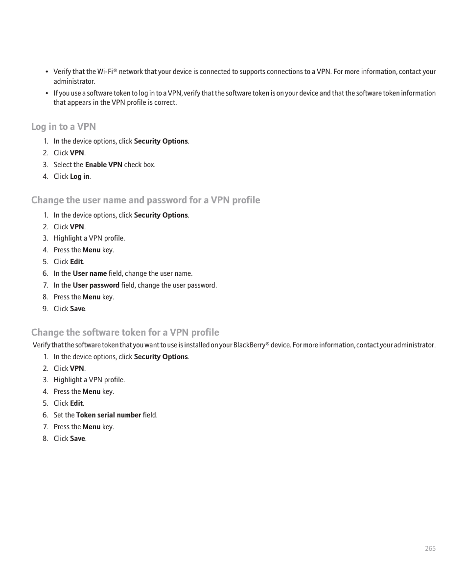 Log in to a vpn, Change the software token for a vpn profile | Blackberry 8120 User Manual | Page 267 / 302