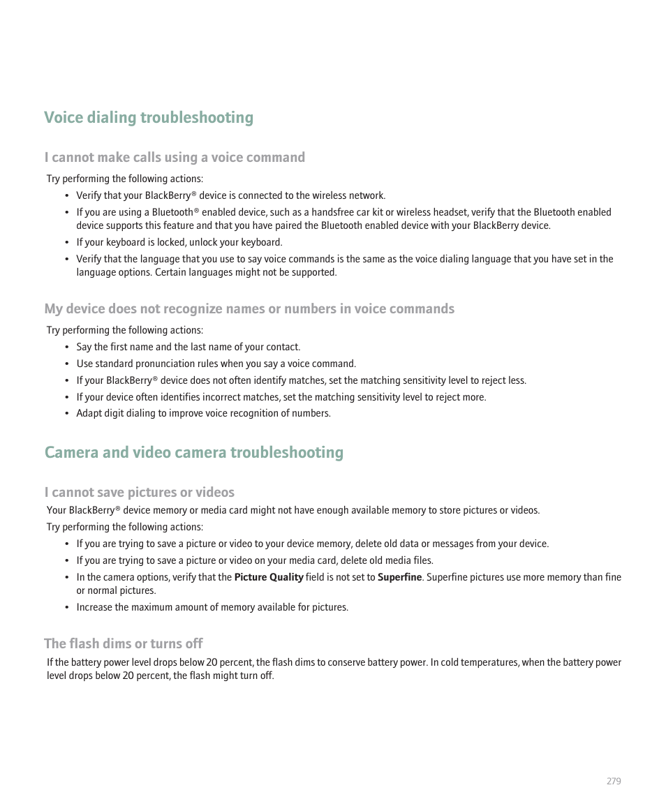 Voice dialing troubleshooting, Camera and video camera troubleshooting, I cannot make calls using a voice command | I cannot save pictures or videos, The flash dims or turns off | Blackberry 8120 User Manual | Page 281 / 302