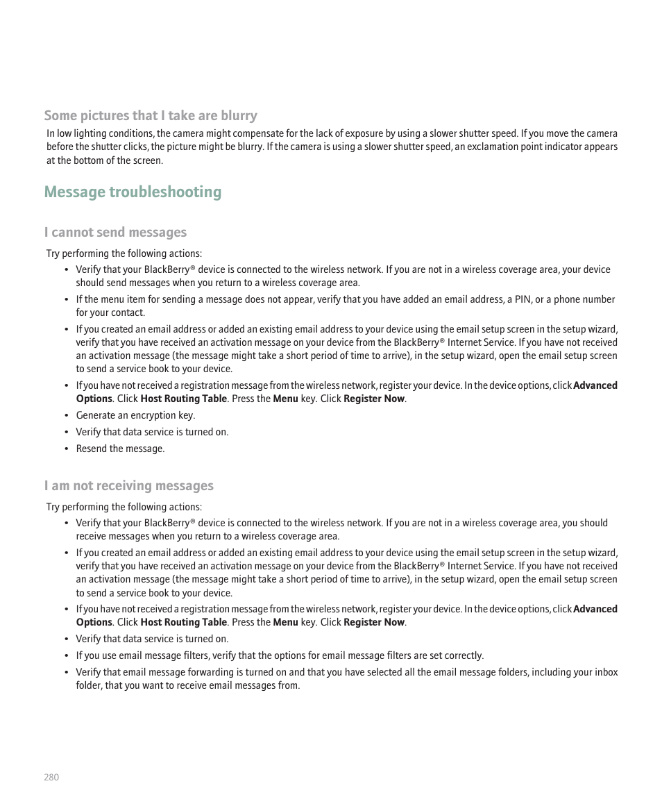 Message troubleshooting, Some pictures that i take are blurry, I cannot send messages | I am not receiving messages | Blackberry 8120 User Manual | Page 282 / 302