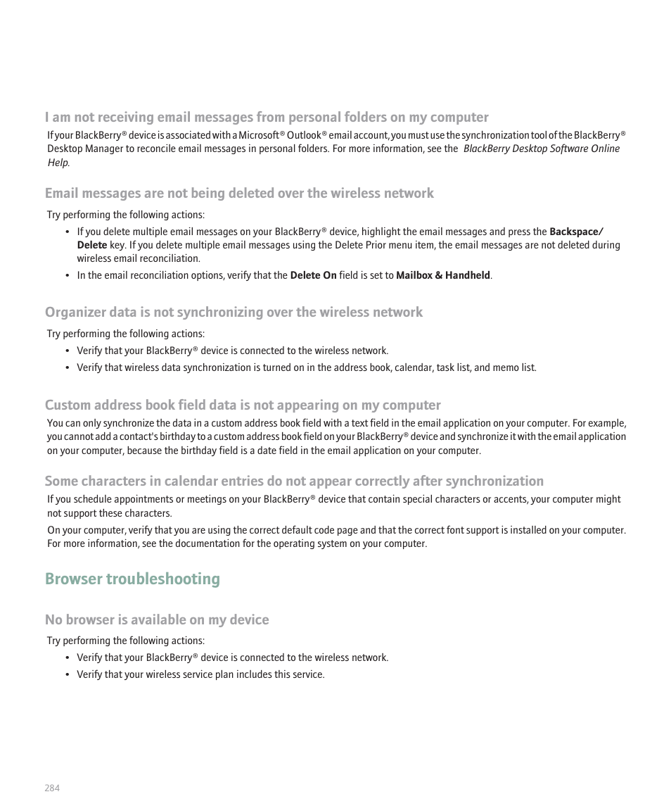 Browser troubleshooting, No browser is available on my device | Blackberry 8120 User Manual | Page 286 / 302