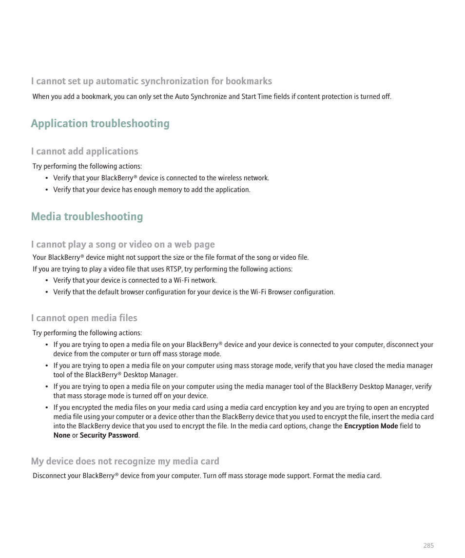 Application troubleshooting, Media troubleshooting, I cannot add applications | I cannot play a song or video on a web page, I cannot open media files, My device does not recognize my media card | Blackberry 8120 User Manual | Page 287 / 302