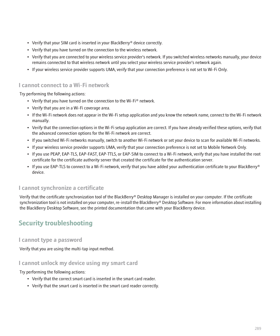 Security troubleshooting, I cannot connect to a wi-fi network, I cannot synchronize a certificate | I cannot type a password, I cannot unlock my device using my smart card | Blackberry 8120 User Manual | Page 291 / 302