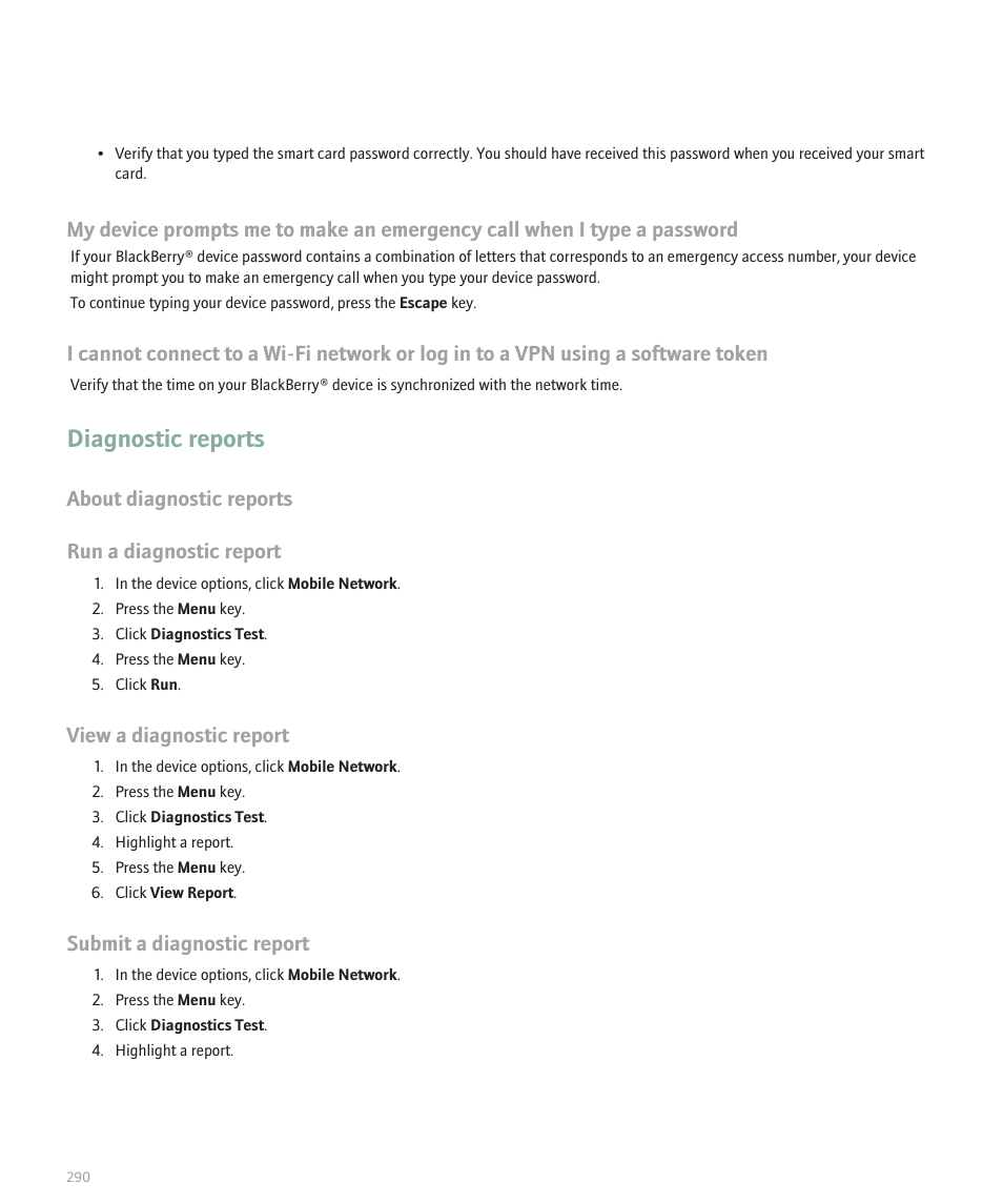 Diagnostic reports, About diagnostic reports run a diagnostic report, View a diagnostic report | Submit a diagnostic report | Blackberry 8120 User Manual | Page 292 / 302