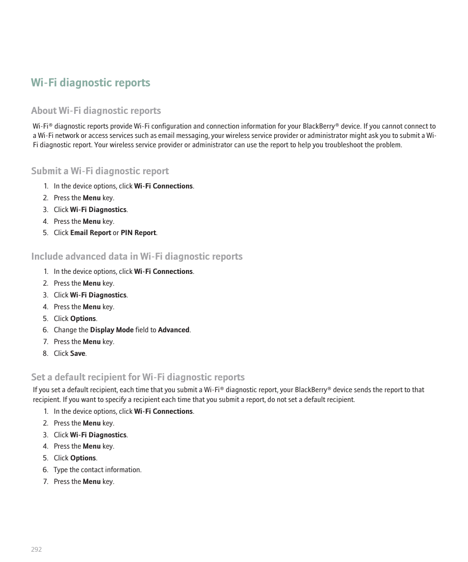 Wi-fi diagnostic reports, About wi-fi diagnostic reports, Submit a wi-fi diagnostic report | Include advanced data in wi-fi diagnostic reports | Blackberry 8120 User Manual | Page 294 / 302