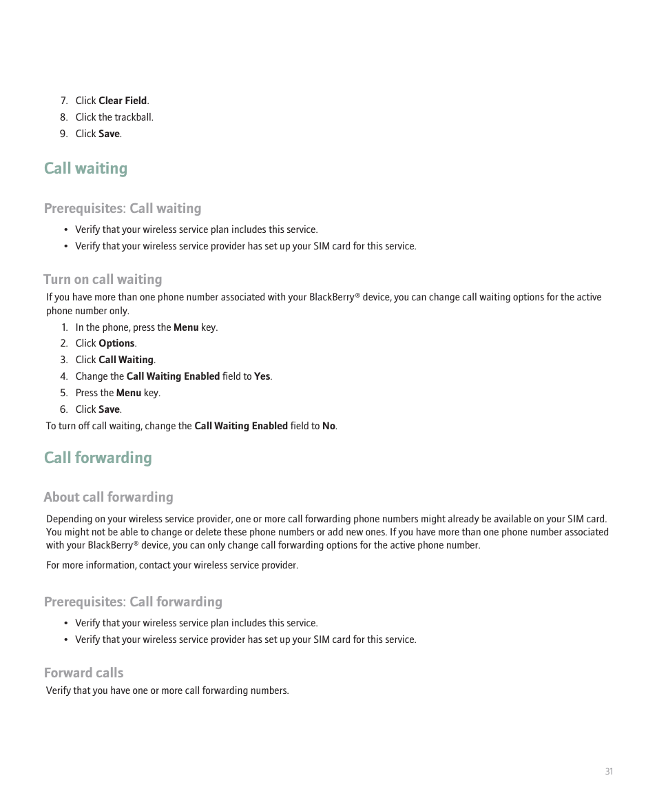 Call waiting, Call forwarding, Prerequisites: call waiting | Turn on call waiting, About call forwarding, Prerequisites: call forwarding, Forward calls | Blackberry 8120 User Manual | Page 33 / 302