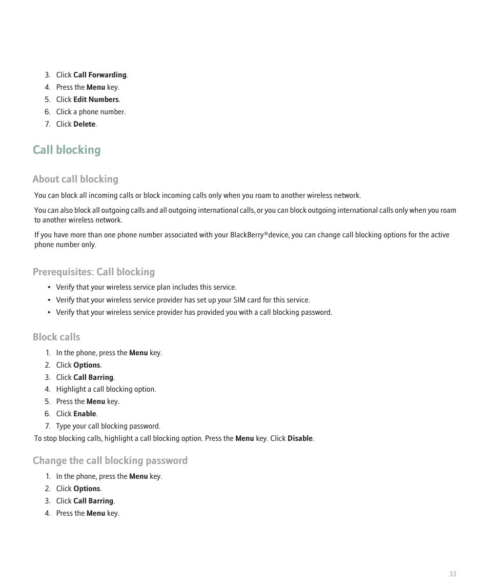 Call blocking, About call blocking, Prerequisites: call blocking | Block calls, Change the call blocking password | Blackberry 8120 User Manual | Page 35 / 302