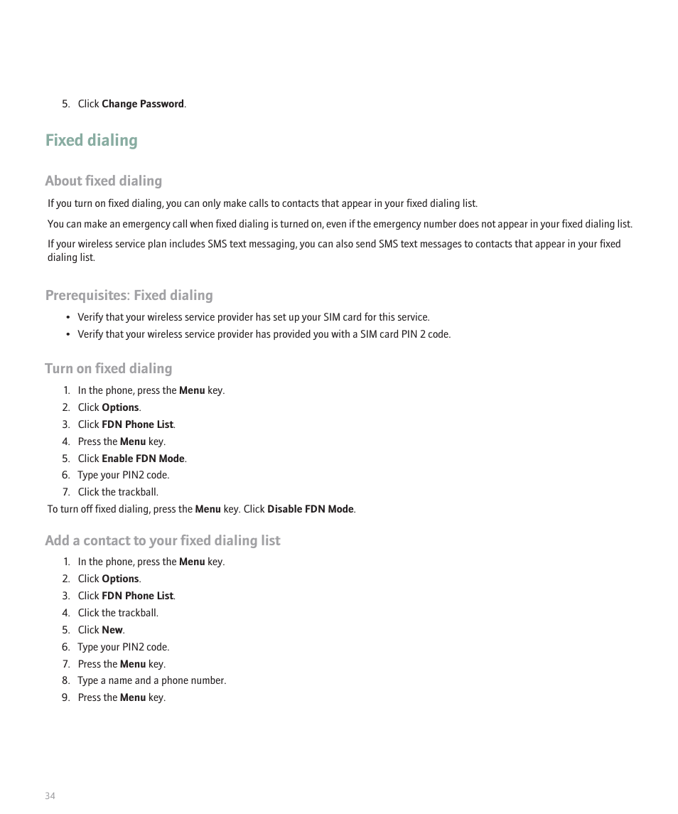 Fixed dialing, About fixed dialing, Prerequisites: fixed dialing | Turn on fixed dialing, Add a contact to your fixed dialing list | Blackberry 8120 User Manual | Page 36 / 302