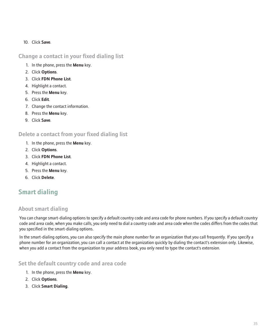 Smart dialing, Change a contact in your fixed dialing list, Delete a contact from your fixed dialing list | About smart dialing, Set the default country code and area code | Blackberry 8120 User Manual | Page 37 / 302