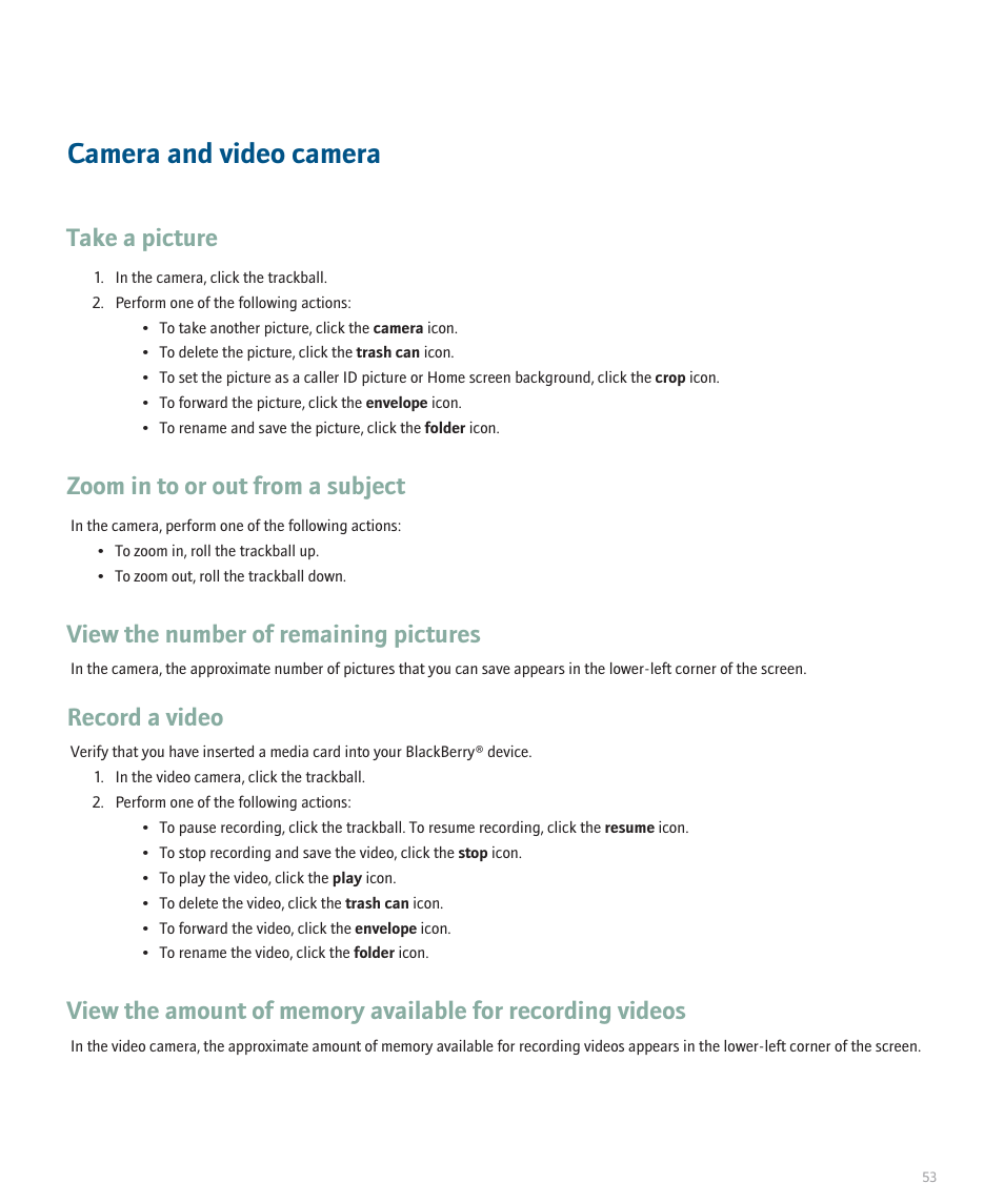 Camera and video camera, Take a picture, Zoom in to or out from a subject | View the number of remaining pictures, Record a video | Blackberry 8120 User Manual | Page 55 / 302