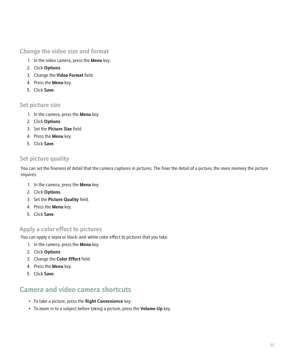 Camera and video camera shortcuts, Change the video size and format, Set picture size | Set picture quality, Apply a color effect to pictures | Blackberry 8120 User Manual | Page 57 / 302