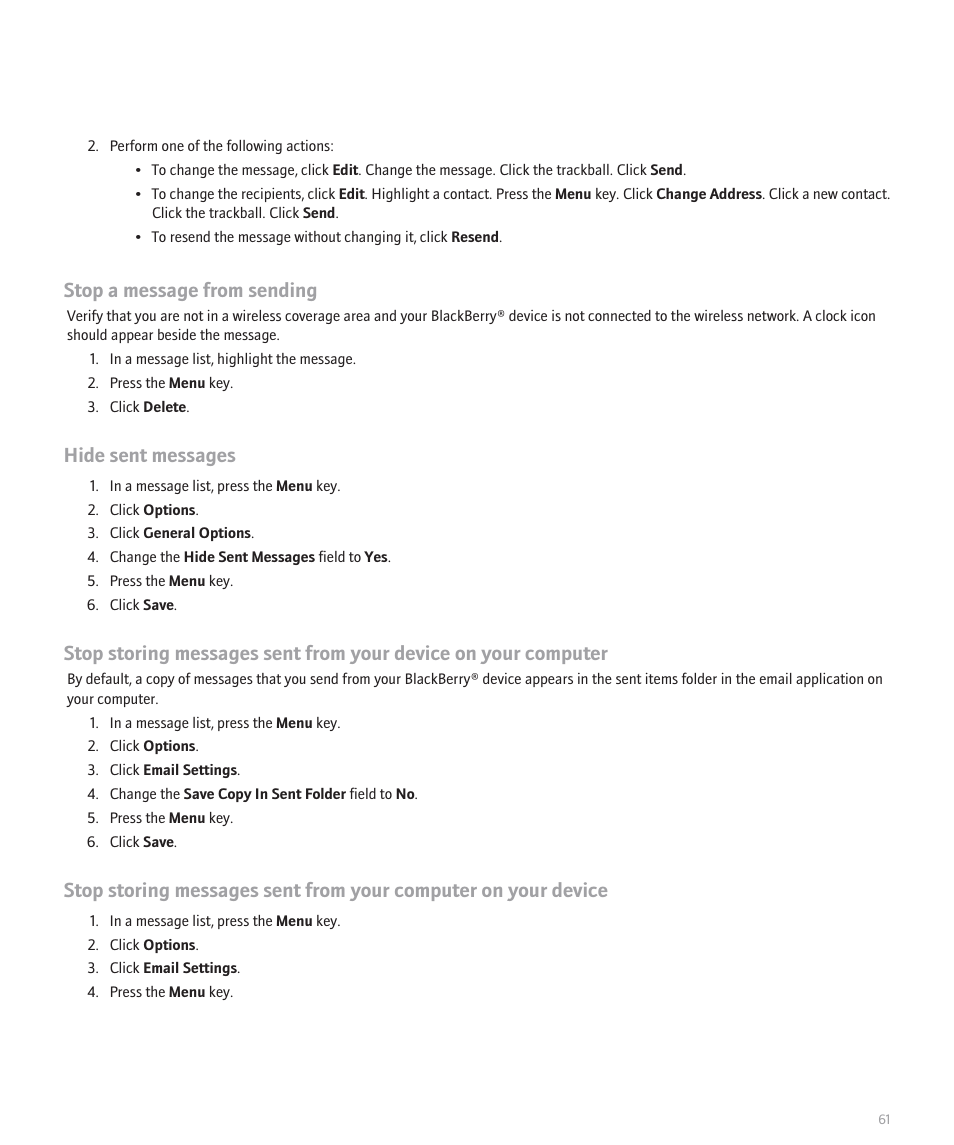 Stop a message from sending, Hide sent messages | Blackberry 8120 User Manual | Page 63 / 302