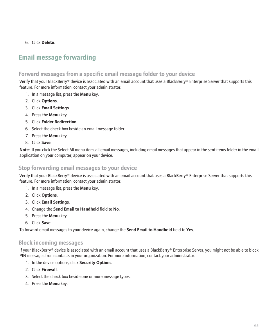 Email message forwarding, Stop forwarding email messages to your device, Block incoming messages | Blackberry 8120 User Manual | Page 67 / 302