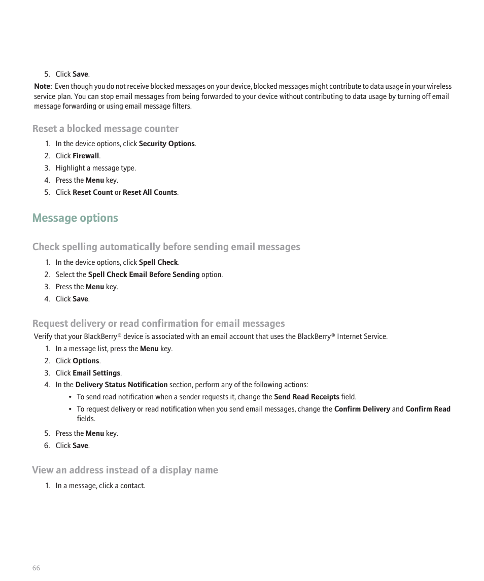 Message options, Reset a blocked message counter, View an address instead of a display name | Blackberry 8120 User Manual | Page 68 / 302