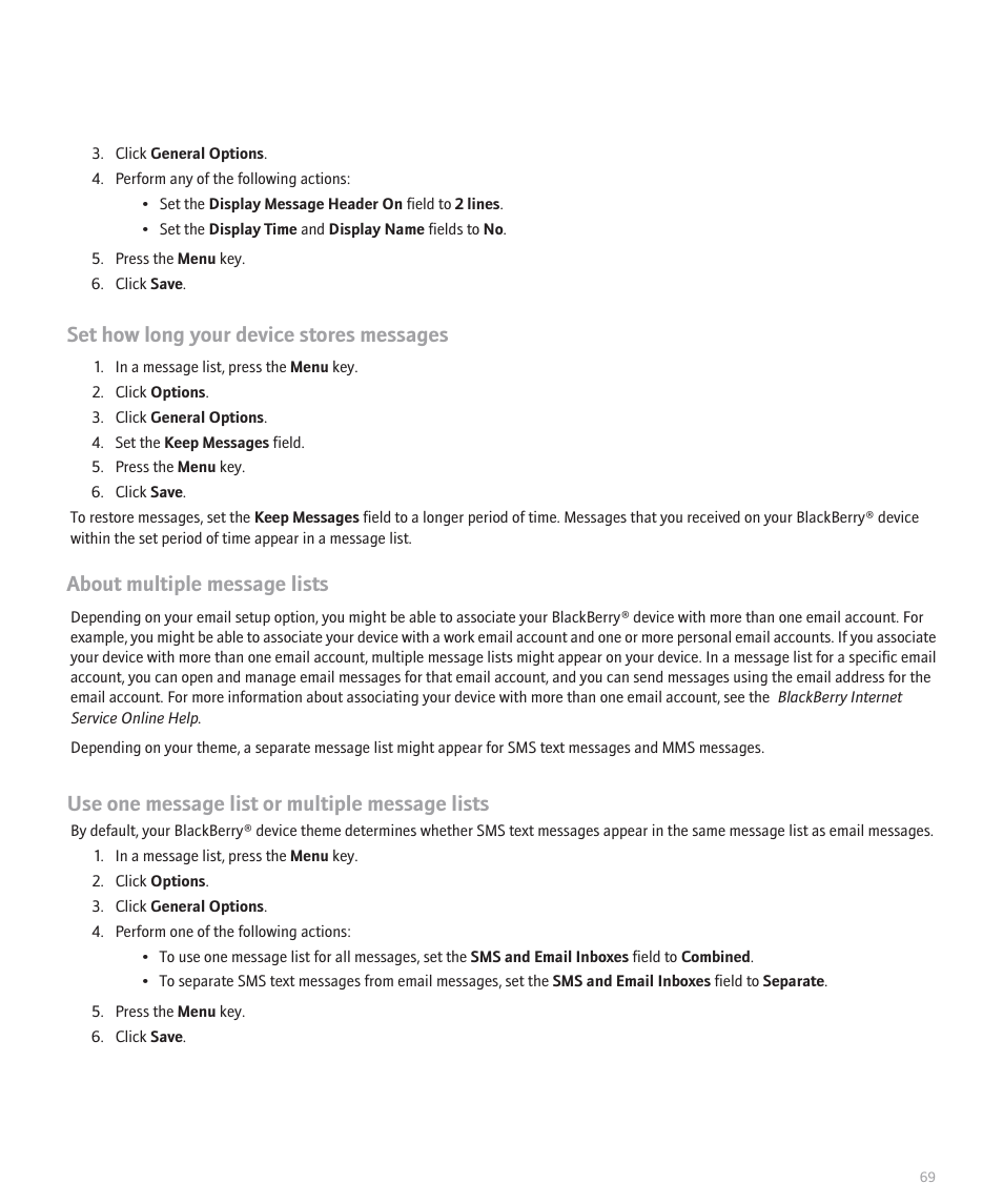 Set how long your device stores messages, About multiple message lists, Use one message list or multiple message lists | Blackberry 8120 User Manual | Page 71 / 302