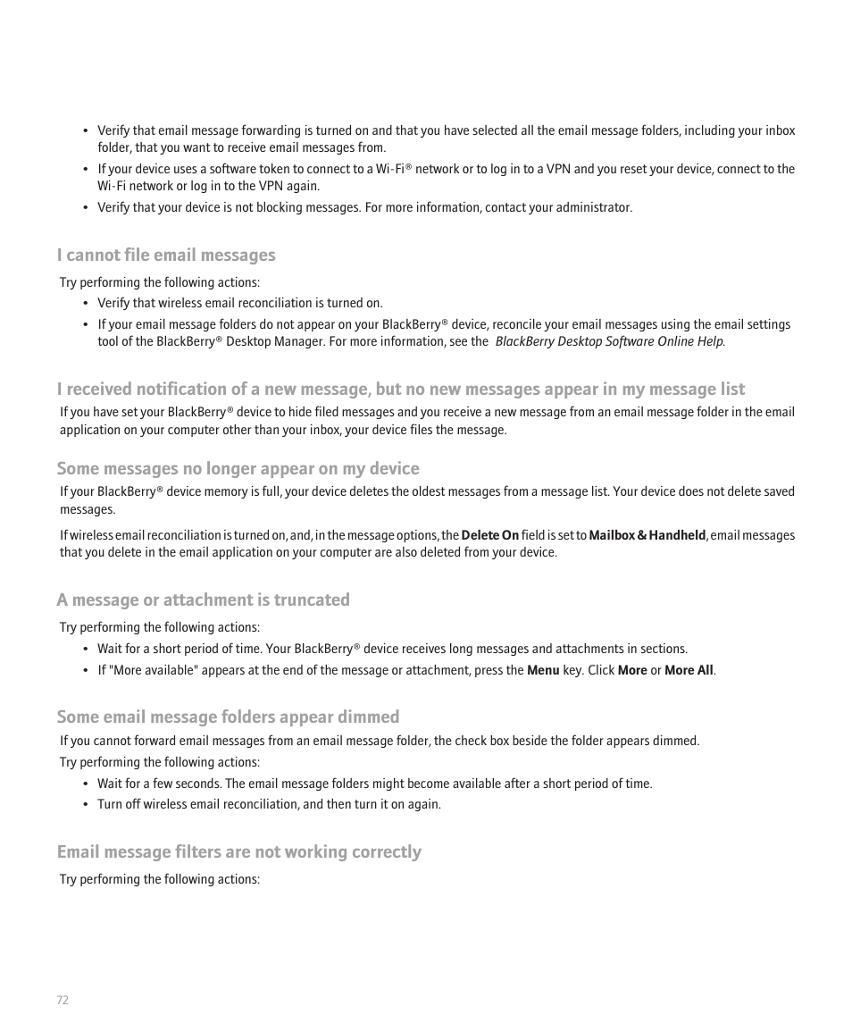 I cannot file email messages, Some messages no longer appear on my device, A message or attachment is truncated | Some email message folders appear dimmed, Email message filters are not working correctly | Blackberry 8120 User Manual | Page 74 / 302
