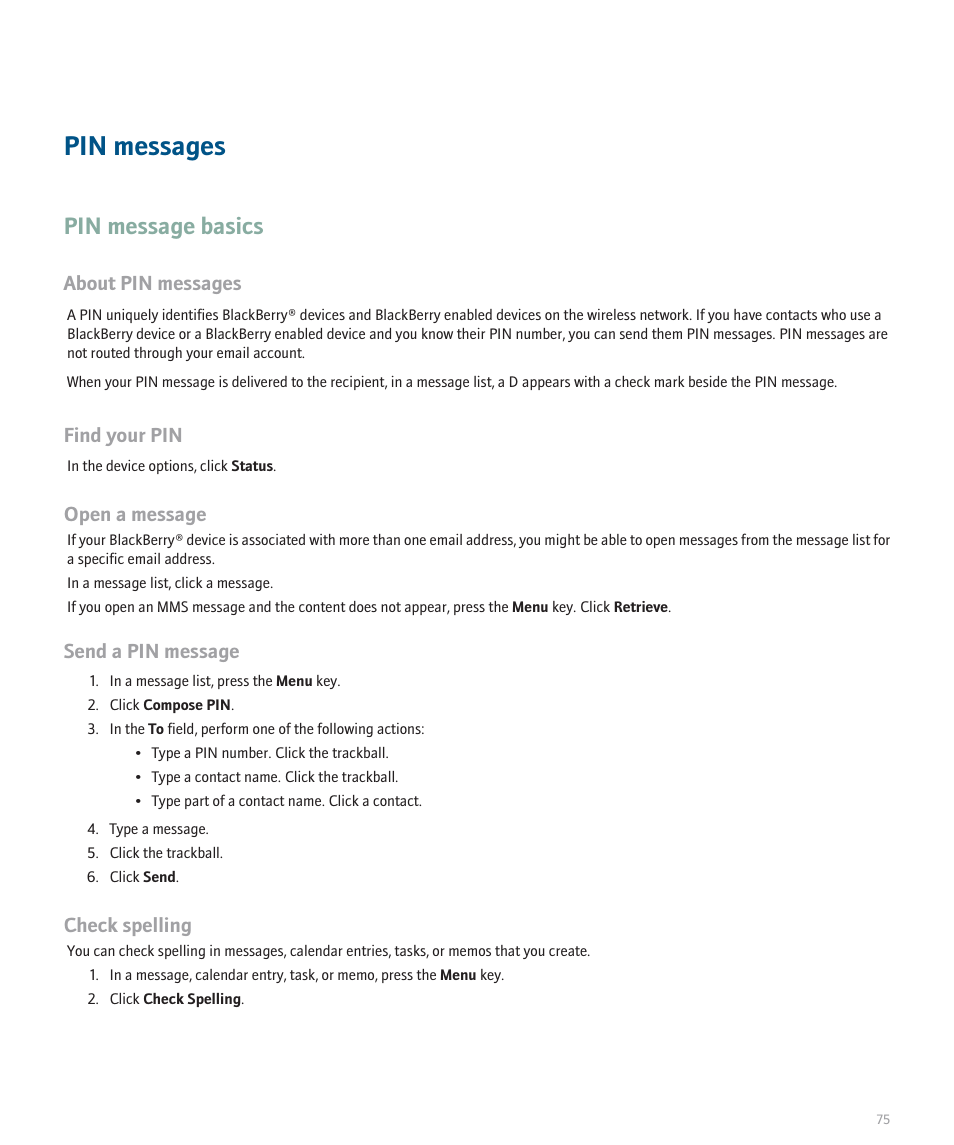 Pin messages, Pin message basics | Blackberry 8120 User Manual | Page 77 / 302
