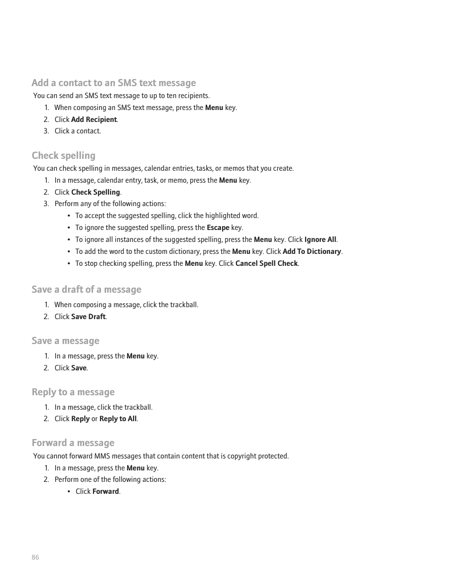 Add a contact to an sms text message, Check spelling, Save a draft of a message | Save a message, Reply to a message, Forward a message | Blackberry 8120 User Manual | Page 88 / 302