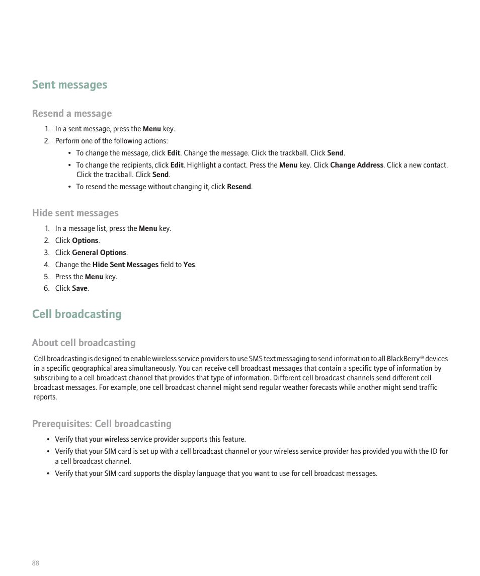 Sent messages, Cell broadcasting, Resend a message | Hide sent messages, About cell broadcasting, Prerequisites: cell broadcasting | Blackberry 8120 User Manual | Page 90 / 302
