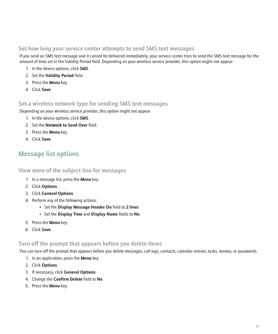 Message list options, View more of the subject line for messages | Blackberry 8120 User Manual | Page 93 / 302