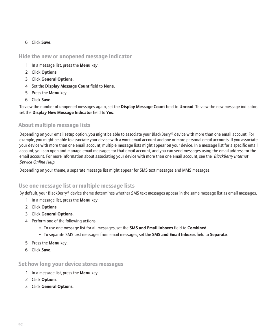 Hide the new or unopened message indicator, About multiple message lists, Use one message list or multiple message lists | Set how long your device stores messages | Blackberry 8120 User Manual | Page 94 / 302