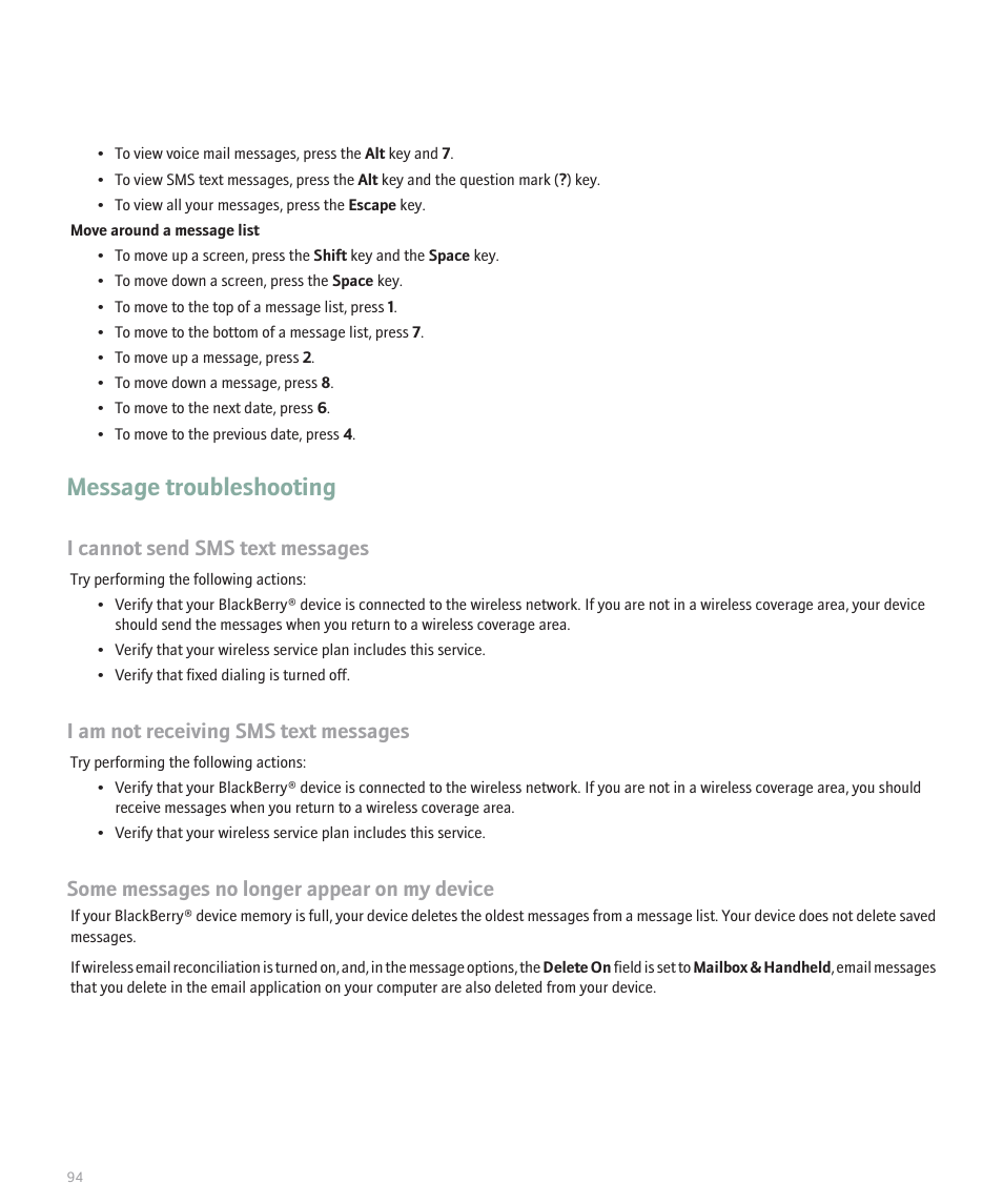 Message troubleshooting, I cannot send sms text messages, I am not receiving sms text messages | Some messages no longer appear on my device | Blackberry 8120 User Manual | Page 96 / 302