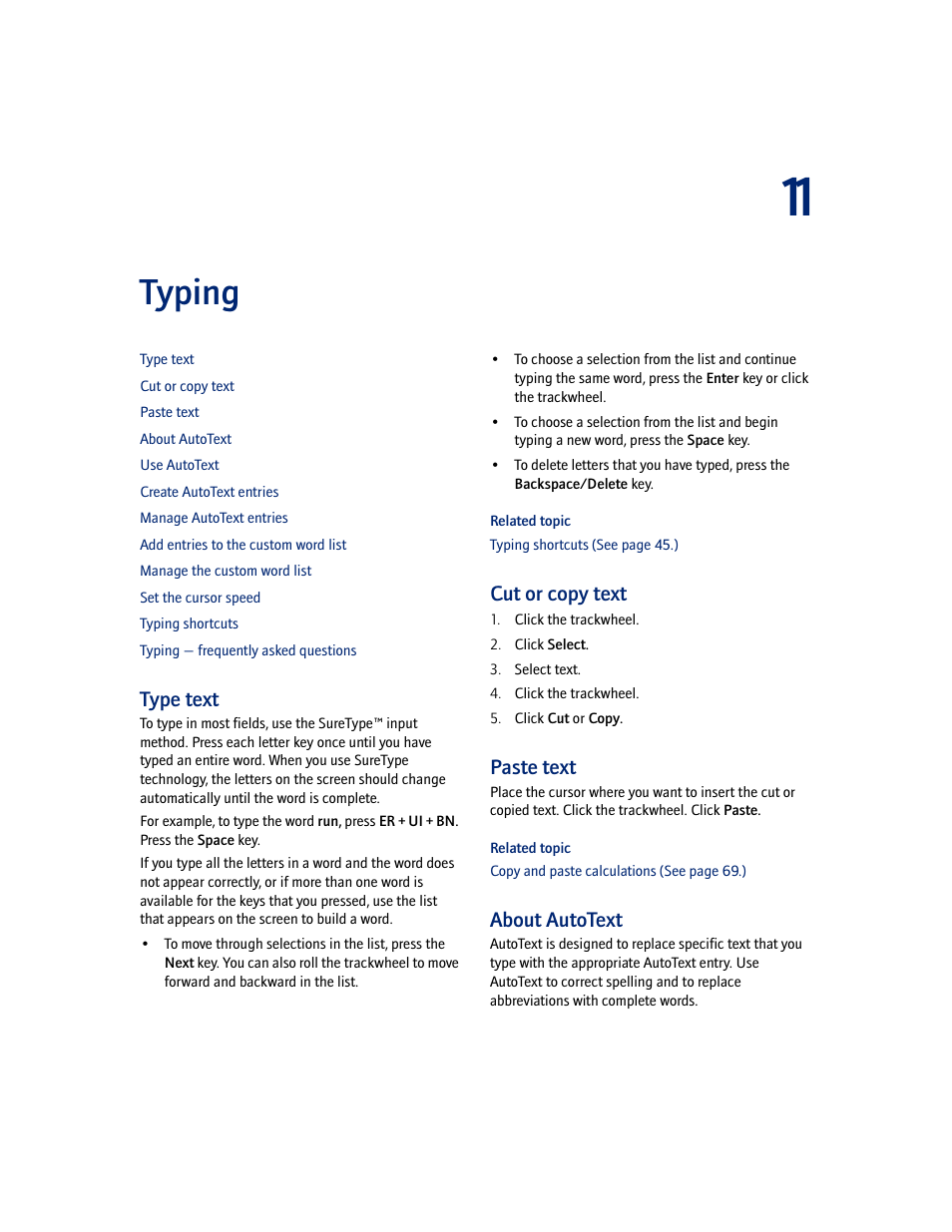 Typing, Type text, Cut or copy text | Paste text, About autotext | Blackberry 7100I User Manual | Page 43 / 160