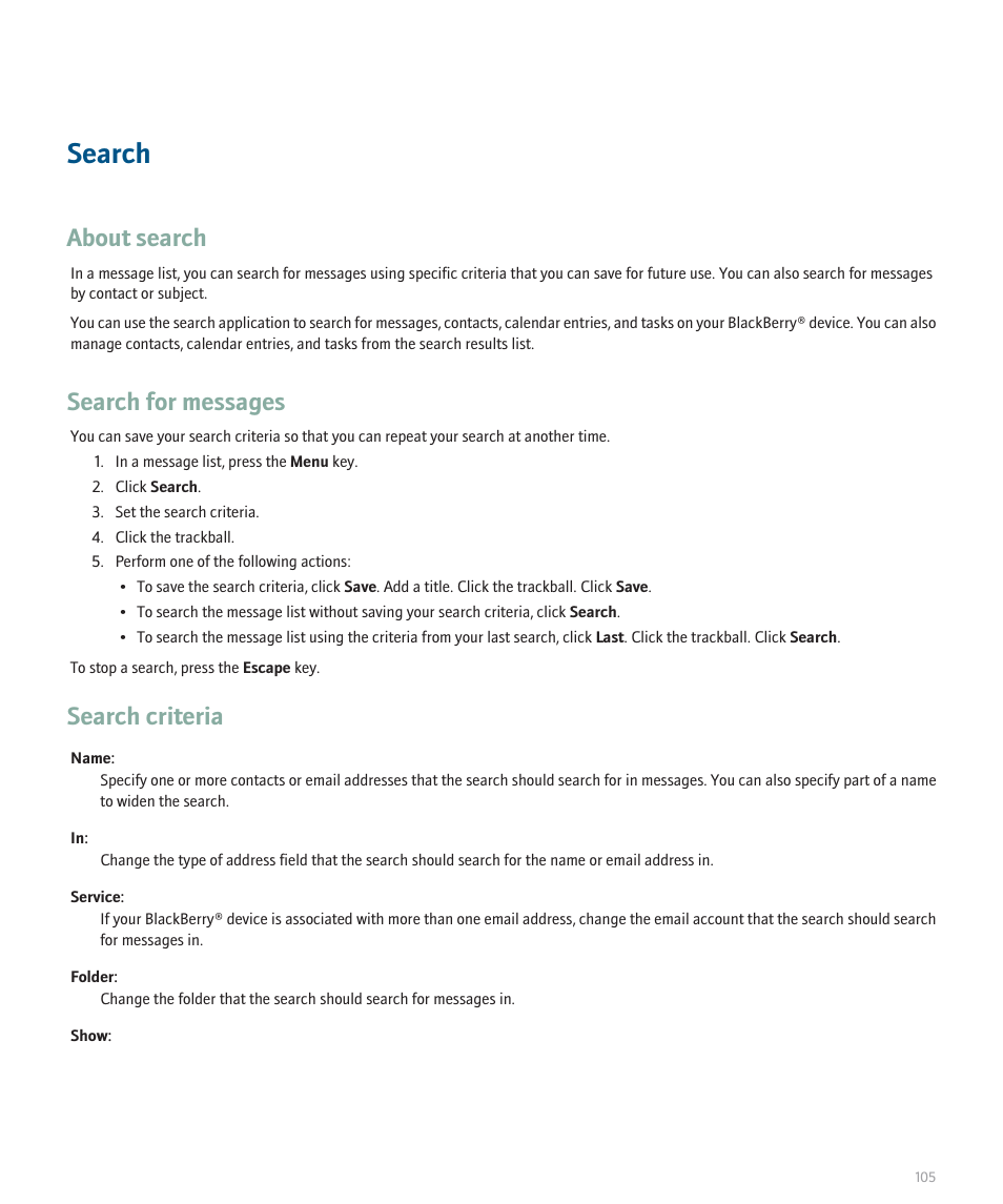 Search, About search, Search for messages | Search criteria | Blackberry Curve 8330 User Manual | Page 107 / 272
