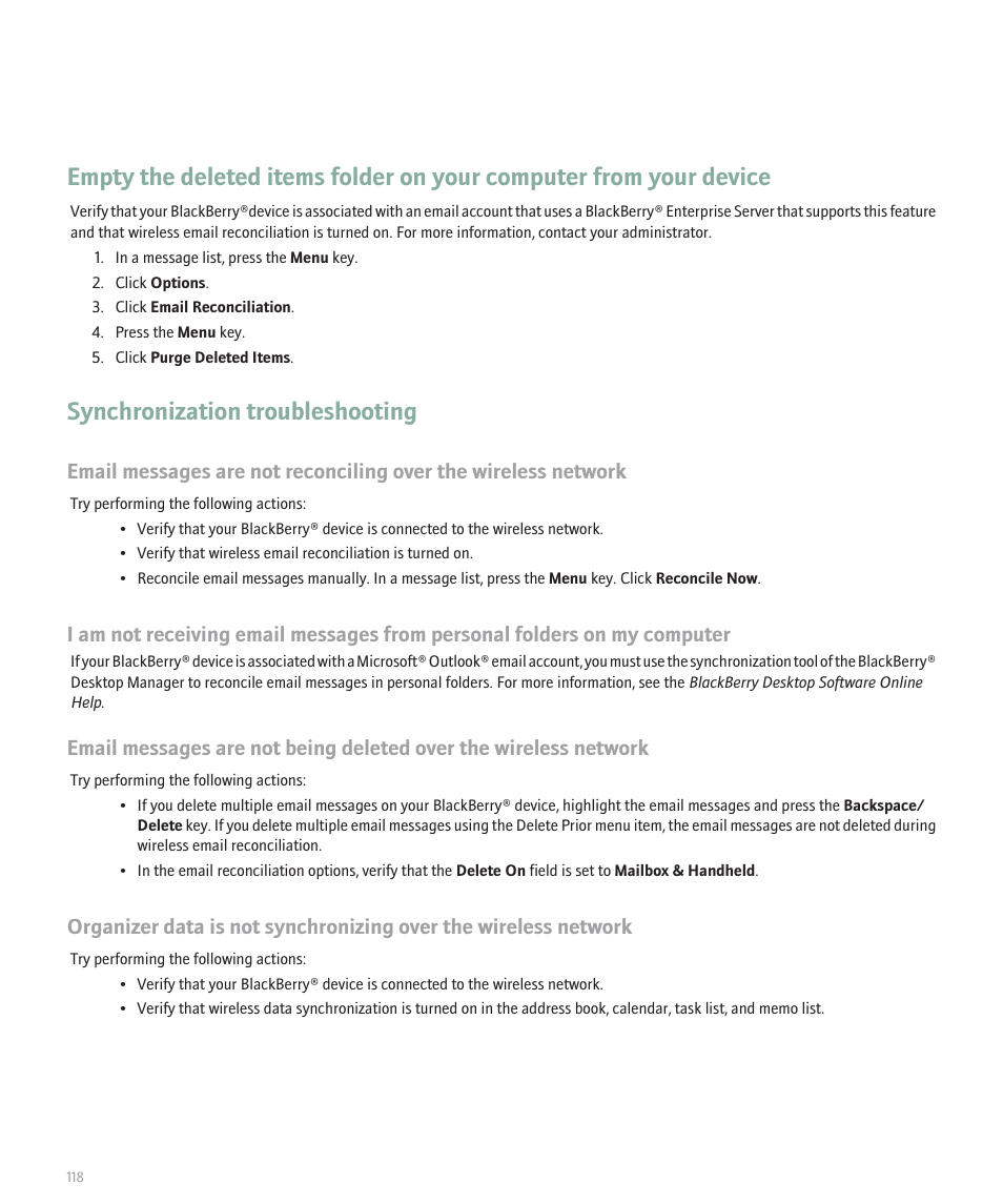 Synchronization troubleshooting | Blackberry Curve 8330 User Manual | Page 120 / 272