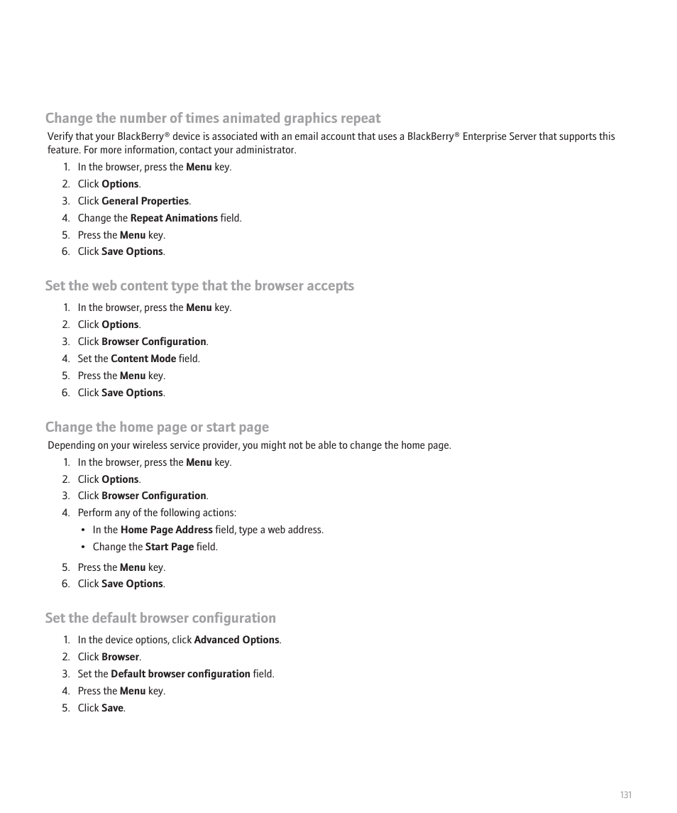 Set the web content type that the browser accepts, Change the home page or start page, Set the default browser configuration | Blackberry Curve 8330 User Manual | Page 133 / 272