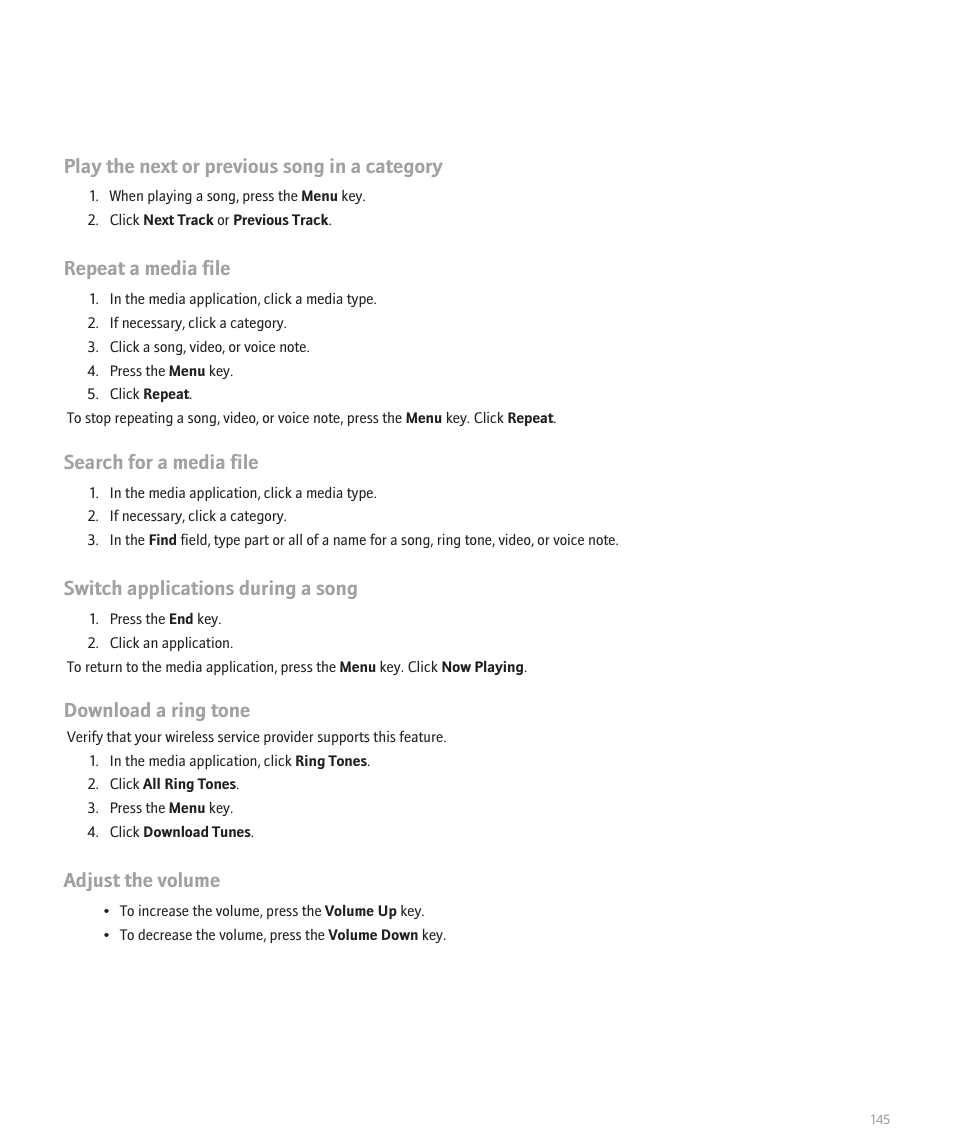 Play the next or previous song in a category, Repeat a media file, Search for a media file | Switch applications during a song, Download a ring tone, Adjust the volume | Blackberry Curve 8330 User Manual | Page 147 / 272