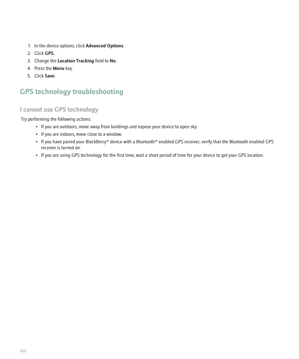 Gps technology troubleshooting, I cannot use gps technology | Blackberry Curve 8330 User Manual | Page 162 / 272