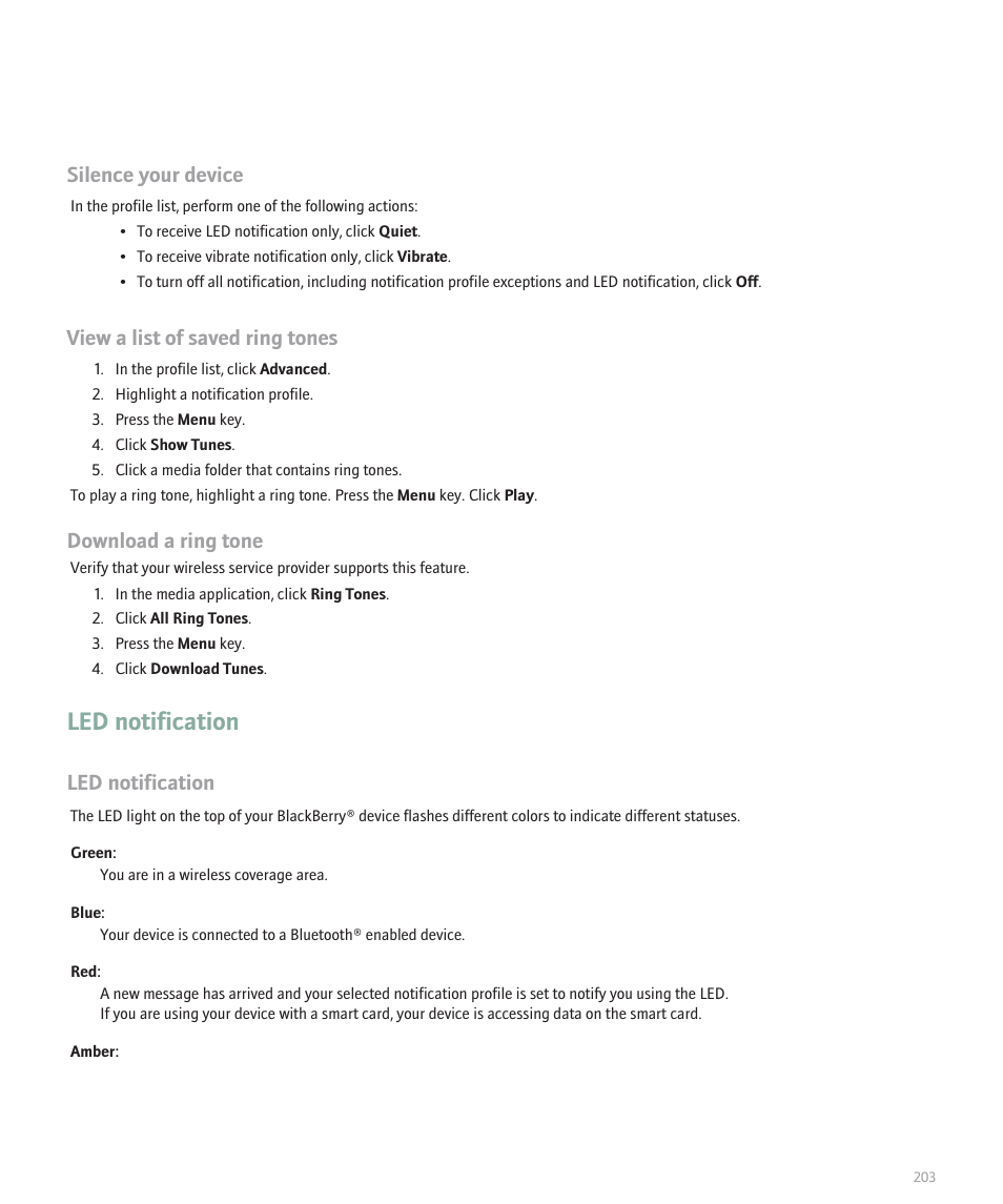 Led notification, Silence your device, View a list of saved ring tones | Download a ring tone | Blackberry Curve 8330 User Manual | Page 205 / 272