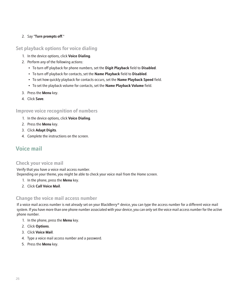 Voice mail, Set playback options for voice dialing, Improve voice recognition of numbers | Check your voice mail, Change the voice mail access number | Blackberry Curve 8330 User Manual | Page 28 / 272