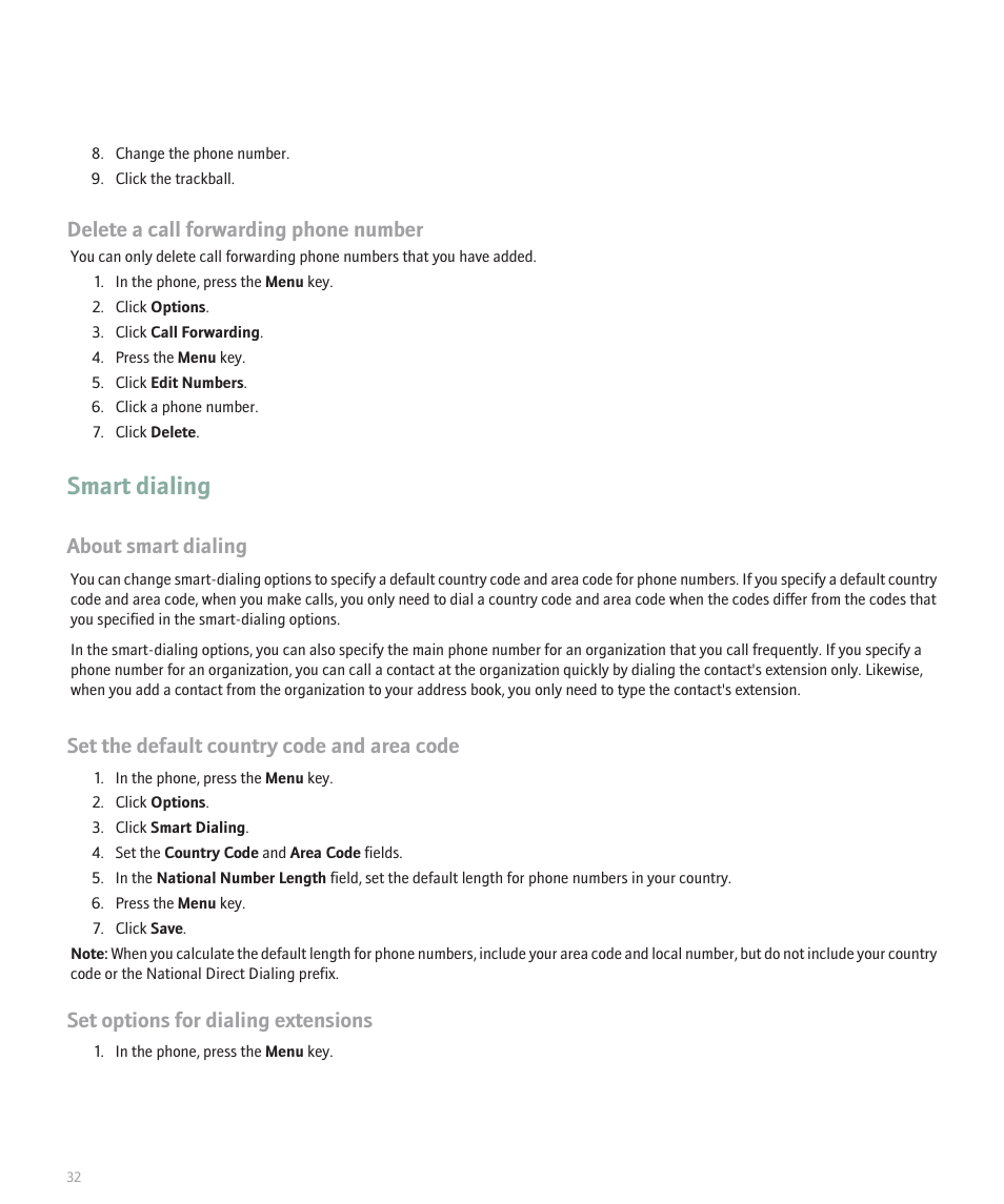 Smart dialing, Delete a call forwarding phone number, About smart dialing | Set the default country code and area code, Set options for dialing extensions | Blackberry Curve 8330 User Manual | Page 34 / 272