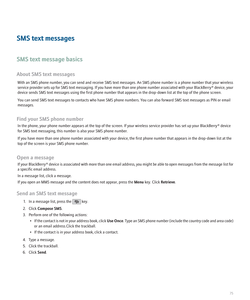 Sms text messages, Sms text message basics, About sms text messages | Find your sms phone number, Open a message, Send an sms text message | Blackberry Curve 8330 User Manual | Page 77 / 272