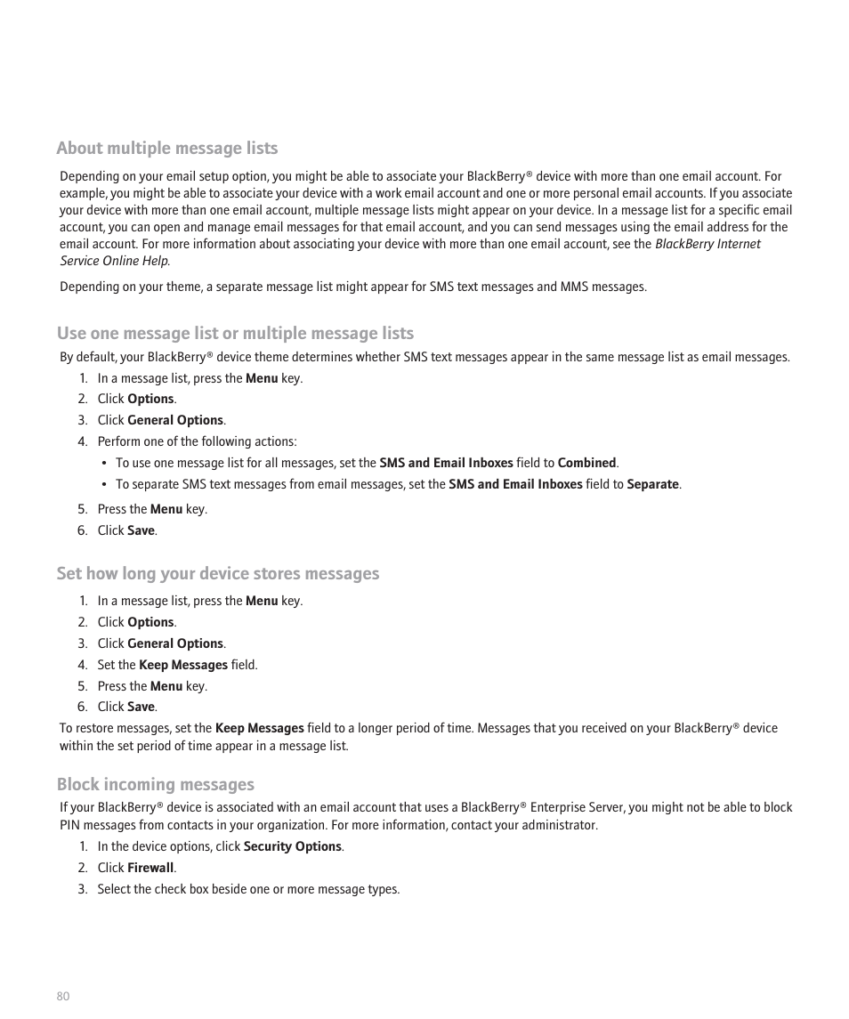 About multiple message lists, Use one message list or multiple message lists, Set how long your device stores messages | Block incoming messages | Blackberry Curve 8330 User Manual | Page 82 / 272