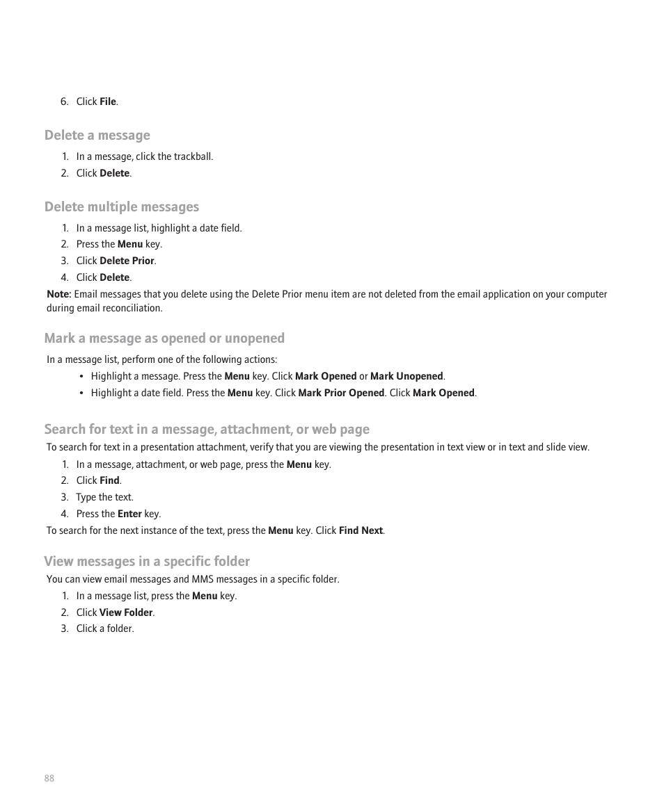 Delete a message, Delete multiple messages, Mark a message as opened or unopened | View messages in a specific folder | Blackberry Curve 8330 User Manual | Page 90 / 272