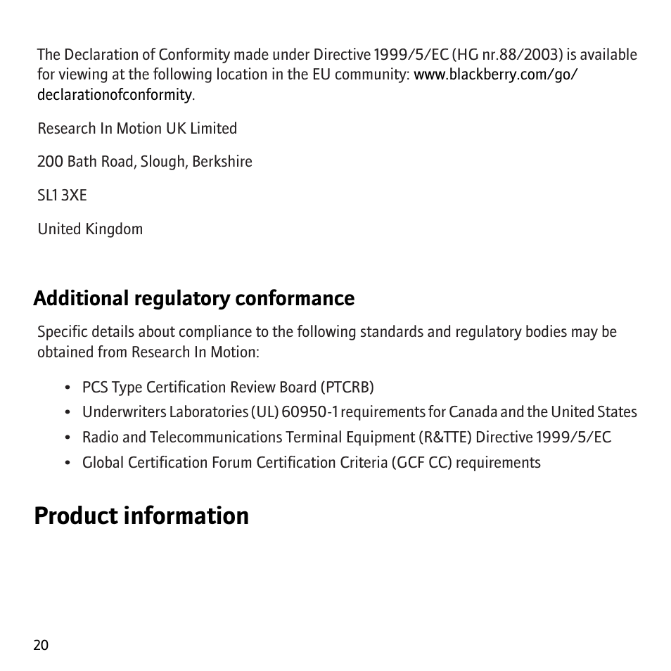 Product information, Additional regulatory conformance | Blackberry 8707v User Manual | Page 22 / 30