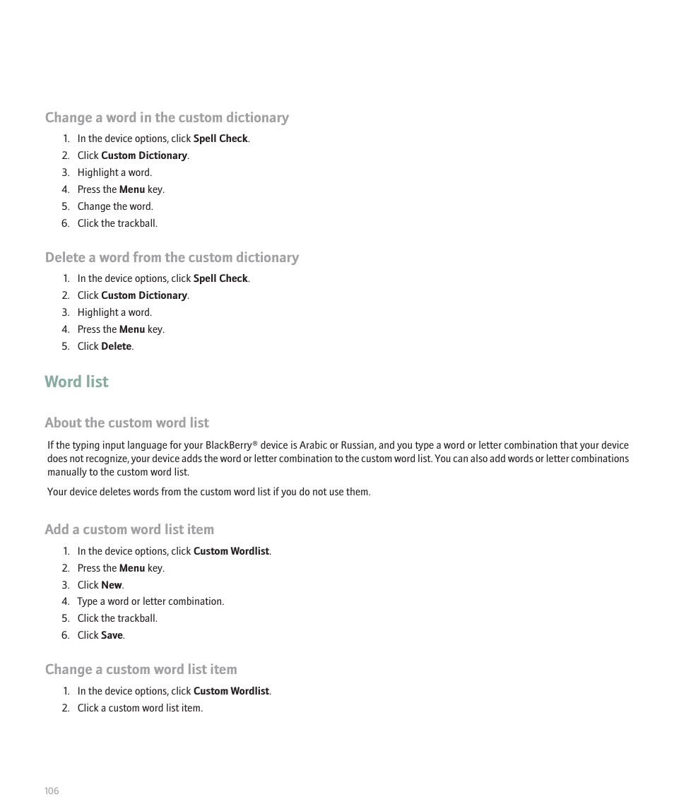 Word list, Change a word in the custom dictionary, Delete a word from the custom dictionary | About the custom word list, Add a custom word list item, Change a custom word list item | Blackberry 8320 User Manual | Page 108 / 288