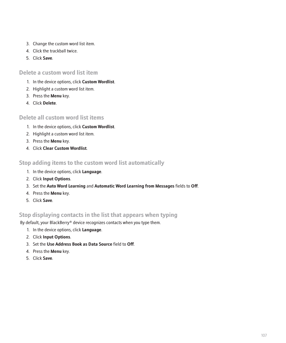 Delete a custom word list item, Delete all custom word list items | Blackberry 8320 User Manual | Page 109 / 288