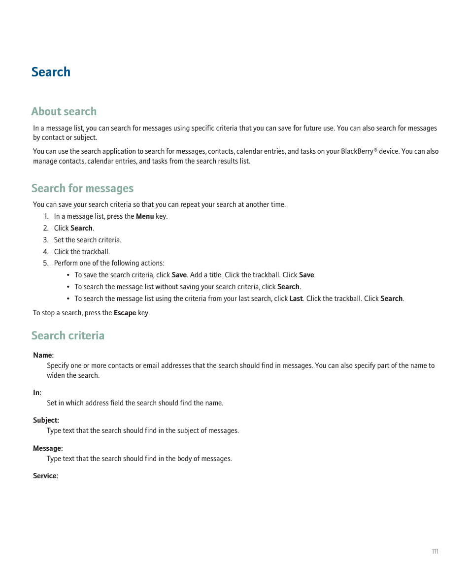 Search, About search, Search for messages | Search criteria | Blackberry 8320 User Manual | Page 113 / 288